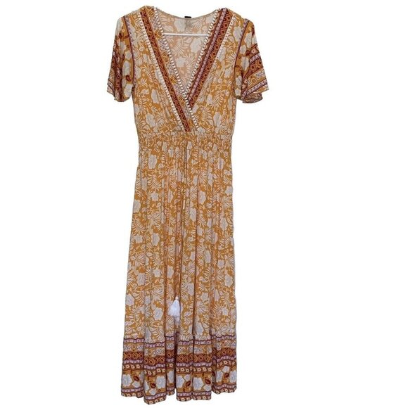 Shein Size Medium Yellow Floral Knot V Neck Maxi Dress Viscose - Picture 1 of 12